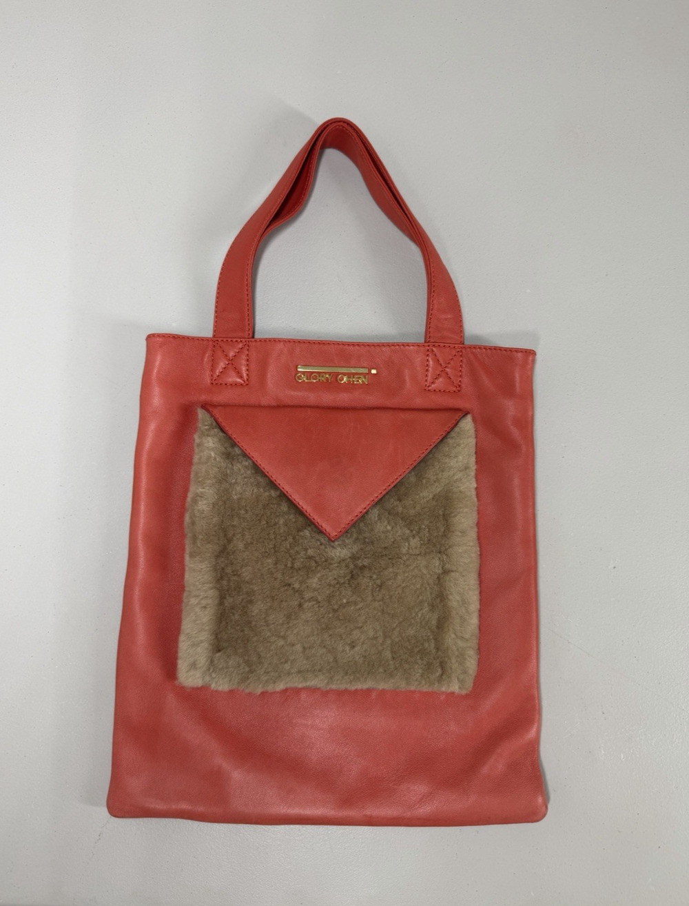 Glory Chen Soft Leather Mini Tote Satchel Bag Orange & Brown Faux Fur